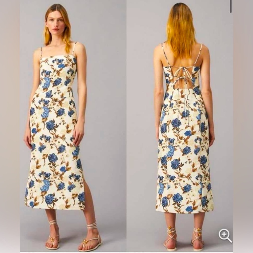 Tory Burch Strap Back Midi Dress in Caramel Mixed Floral Midi.